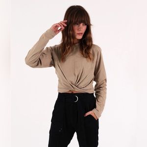 Pam & Gela Long Sleeve Twist Front Tee Stone Medium NWT